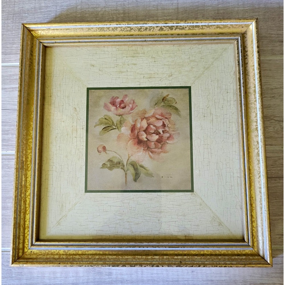 9.5" x 9.5" Vintage BLUM vintage framed floral pink peonies artwork wall decor